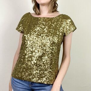 Alice & Olivia Green Sparkly Metallic Sequin Short Sleeve Blouse Top Size M